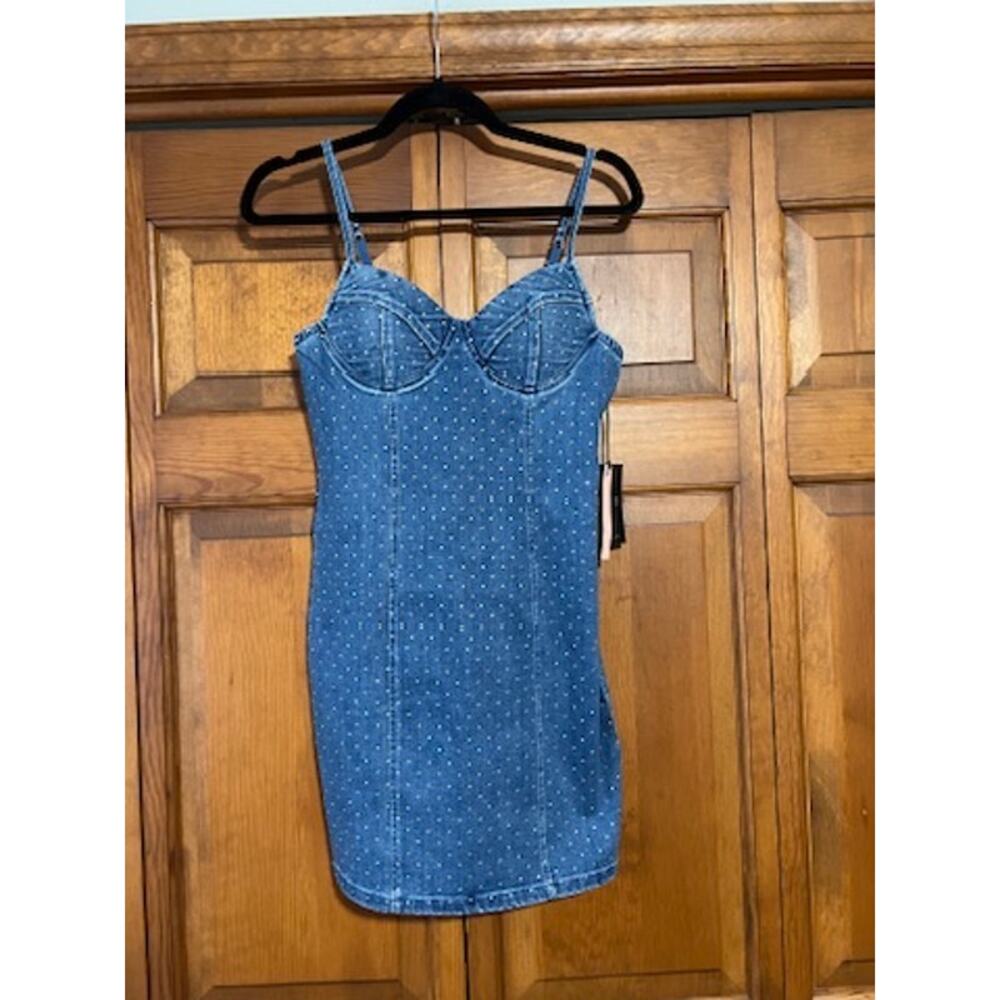 NWT IRIS Women's Denim Rhinestone Bustier Mini Dress Blue Glam Party Y2K Size M - Picture 2 of 11